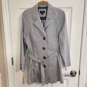 Sonoma Ladies Striped Belted Jacket Navy Blue and White striped size Petite L